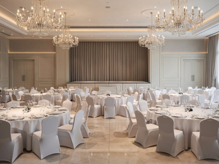 Banquet hall set for an event (illustrative)