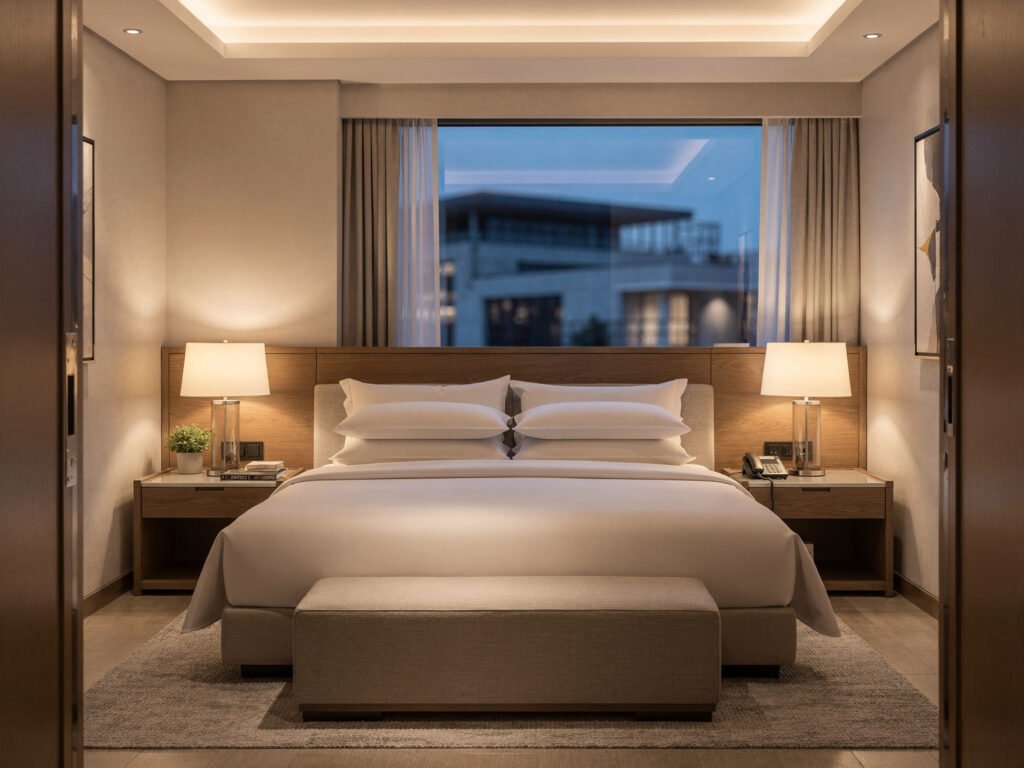 Deluxe hotel room with a king bed (illustrative)