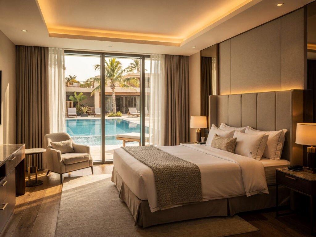 Premium hotel room with a pool view (illustrative)